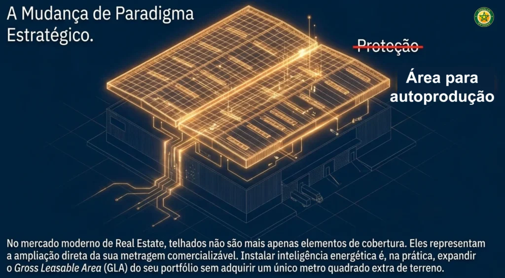 Arte 3D de telhado moderno com painéis solares gerando energia para autoconsumo