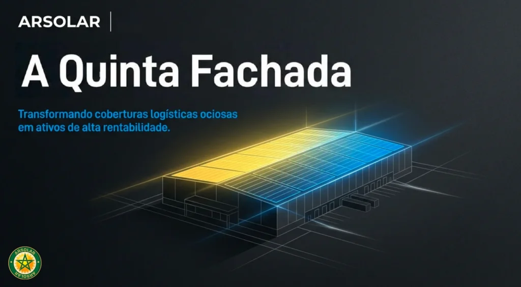 Vista aérea de uma residência com o conceito de quinta fachada arsolar, exibindo um telhado totalmente coberto por painéis solares fotovoltaicos integrados à arquitetura moderna.