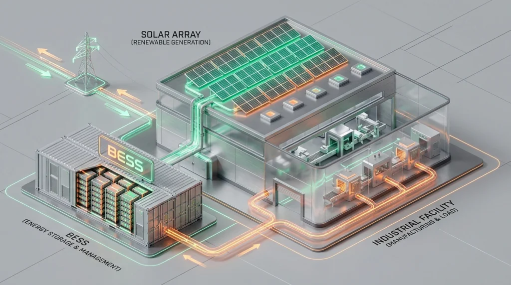 Diagrama 3D isométrico mostrando o fluxo energético de um sistema de armazenamento de energia em baterias industriais (BESS) dentro de um contêiner, com setas indicando a direção da eletricidade.