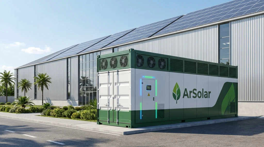 Fábrica com telhado de painéis solares e container de armazenamento de energia na área externa.